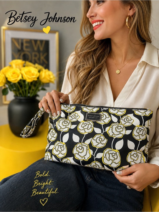 Betsey Johnson Handbags - Betsey Johnson Black, White & Yellow Floral Wristlet Clutch w/ Rose Print Lining